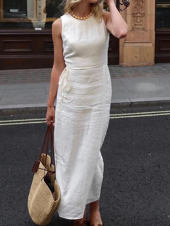 Commense Dresses & Skirts - Commense White Linen Blend Sleeveless Midi Maxi Tie Waist Dress Small NWT